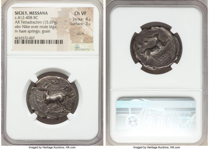 SICILY. Messana. Ca. 412-408 BC. AR tetradrachm (28mm, 15.67 gm, 4h). NGC Choice...