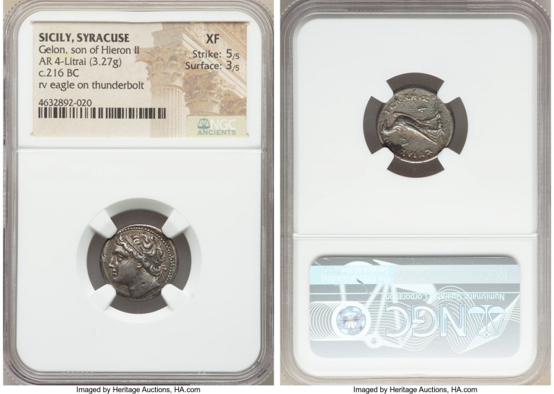SICILY. Syracuse. Gelon, son of Hieron II (ca. 216 BC). AR tetralitron (17mm, 3....