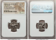 THRACIAN ISLANDS. Thasos. Ca. 525-450 BC. AR stater (21mm, 8.71 gm). NGC Choice VF 5/5 - 3/5. Nude ithyphallic satyr running right, carrying strugglin...