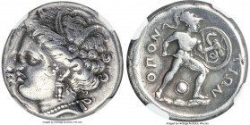 LOCRIS. Locris Opuntia. Ca. 380-338 BC. AR stater (23mm, 12.08 gm, 4h). NGC Choice VF 3/5 - 3/5, die shift. Head of Demeter left, hair wreath in grain...