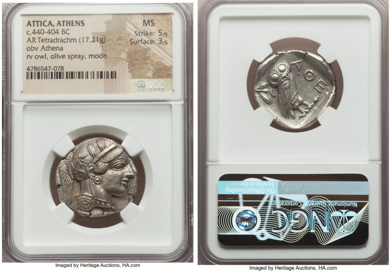 ATTICA. Athens. Ca. 440-404 BC. AR tetradrachm (25mm, 17.21 gm, 5h). NGC MS 5/5 ...