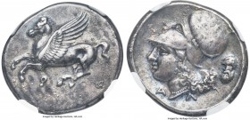 CORINTHIA. Corinth. Ca. 345-307 BC. AR stater (23mm, 8.35 gm, 6h). NGC Choice XF 5/5 - 3/5. Pegasus flying left, ϙ below / Helmeted head of Athena lef...