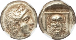 LESBOS. Mytilene. Ca. 377-326 BC. EL sixth stater or hecte (10mm, 2.57 gm, 1h). NGC AU 4/5 - 4/5. Wreathed head of young Dionysus right / Facing head ...