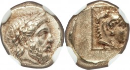 LESBOS. Mytilene. Ca. 377-326 BC. EL sixth stater or hecte (10mm, 2.54 gm, 11h). NGC Choice AU 3/5 - 4/5, Fine Style. Laureate head of Zeus right / He...