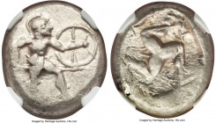 PAMPHYLIA. Aspendus. Ca. mid-5th Century BC. AR stater (19mm, 10.79 gm). NGC Choice XF 4/5 - 5/5. Helmeted hoplite advancing right, holding shield and...