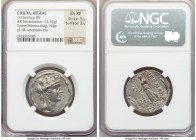 CILICIA. Aegeae. 1st century BC. AR tetradrachm (28mm, 14.52 gm, 11h). NGC Choice XF 5/5 - 3/5.  Dated CY 18 (29/8). Turreted and veiled head of Tyche...