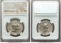 BACTRIAN KINGDOM. Eucratides I the Great (ca. 170-145 BC), with Heliocles and Laodice. AR tetradrachm (32mm, 15.49 gm, 11h). NGC XF 5/5 - 1/5. Dynasti...