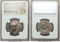 BACTRIAN KINGDOM. Heliocles (ca. 145-130 BC). AR tetradrachm (31mm, 16.72 gm, 11h). NGC Choice VF 4/5 - 3/5, overstruck. Diademed and draped bust of H...