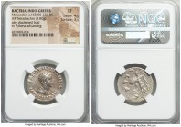 INDO-GREEK KINGDOMS. Bactria. Menander I Soter (ca. 165/55-130 BC). AR Indic tetradrachm (25mm, 9.80 gm, 11h). NGC XF 4/5 - 3/5. Diademed bust right /...