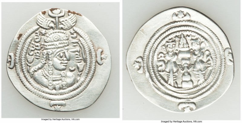 SASANIAN KINGDOM. Queen Buran (AD 630-631). AR drachm (30mm, 3.06 gm, 3h). About...