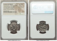Anonymous. Ca. 225-214 BC. AR didrachm or quadrigatus (23mm, 6.32 gm, 1h). NGC Choice XF S 5/5 - 4/5. Laureate head of youthful Janus, two small annul...