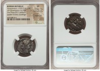 Anonymous. Ca. 225-214 BC. AR didrachm or quadrigatus (22mm, 6.55 gm, 7h). NGC XF 5/5 - 4/5, edge scuff. Laureate head of youthful Janus, two small an...
