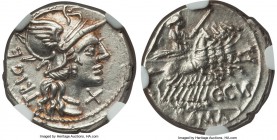 C. Curiatius Trigeminus (142 BC). AR denarius (18mm, 3.38 gm, 2h). NGC MS 4/5 - 5/5. Rome. Helmeted head of Roma right, below chin, denomination mark ...