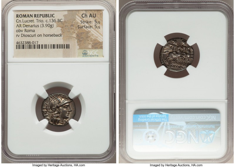 Cn. Lucretius Trio (ca. 136 BC). AR denarius (17mm, 3.90 gm, 6h). NGC Choice AU ...