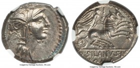 D. Iunius Silanus L.f. (91 BC). AR denarius (18mm, 3.82 gm, 8h). NGC Choice MS 4/5 - 5/5.  Helmeted head of Roma right / Victory in biga right, holdin...
