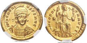 Honorius, Western Roman Empire (AD 393-423). AV solidus (21mm, 4.52 gm, 5h). NGC MS 5/5 - 3/5. Thessalonica, AD 408-420.  D N HONORI-VS P F AVG, diade...