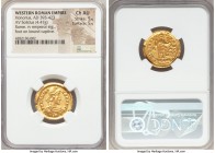 Honorius, Western Roman Empire (AD 393-423). AV solidus (20mm, 4.47 gm, 6h). NGC Choice AU 5/5 - 5/5. Rome, Milan style, ca. AD 404, 407-408. Pearl-di...