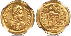 Honorius, Western Roman Empire (AD 393-423). AV solidus (22mm, 4.41 gm, 6h). NGC MS 5/5 - 4/5, lt. scuffs. Milan, AD 395-402. D N HONORI-VS P F AVG, p...