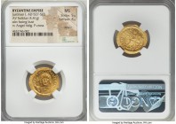 Justinian I the Great (AD 527-565). AV solidus (22mm, 4.41 gm, 7h). NGC MS 5/5 - 4/5, clipped. Constantinople, 10th officina. D N IVSTINI-ANVS P P AVG...