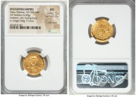 Maurice Tiberius (AD 582-602). AV solidus (20mm, 4.45 gm, 7h). NGC MS 5/5 - 3/5, edge bend. Antioch, 5th officina, AD 584-602. Pearl-diademed, helmete...