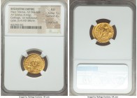 Maurice Tiberius (AD 582-602). AV solidus (20mm, 4.42 gm, 7h). NGC AU 5/5 - 4/5, edge scuffs. Carthage, dated Indictional Year 4, 1st cycle (AD 585/6)...