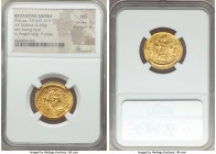 Phocas (AD 602-610). AV solidus (22mm, 4.44 gm, 7h). NGC  MS 5/5 - 4/5. Constantinople, 5th officina, AD 607-609. d N FOCAS-PЄRP AVG, crowned, draped ...