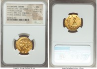 Heraclius (AD 610-641) and Heraclius Constantine. AV solidus (4.53 gm).  NGC  MS 4/5 - 3/5. Constantinople, 1st officina, AD 629-631. d d N N hЄRACLIЧ...