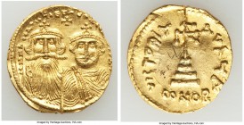 Heraclius (AD 610-641) and Heraclius Constantine. AV solidus (19mm, 4.44 gm, 6h). AU, flan cut, graffito. Constantinople, 1st officina, AD 629-631. d ...