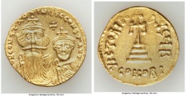 Constans II Pogonatus (AD 641-668) and Constantine IV (AD 654-685). AV solidus (19mm, 4.41 gm, 6h). AU, graffito. Constantinople, 2nd officina, AD 654...