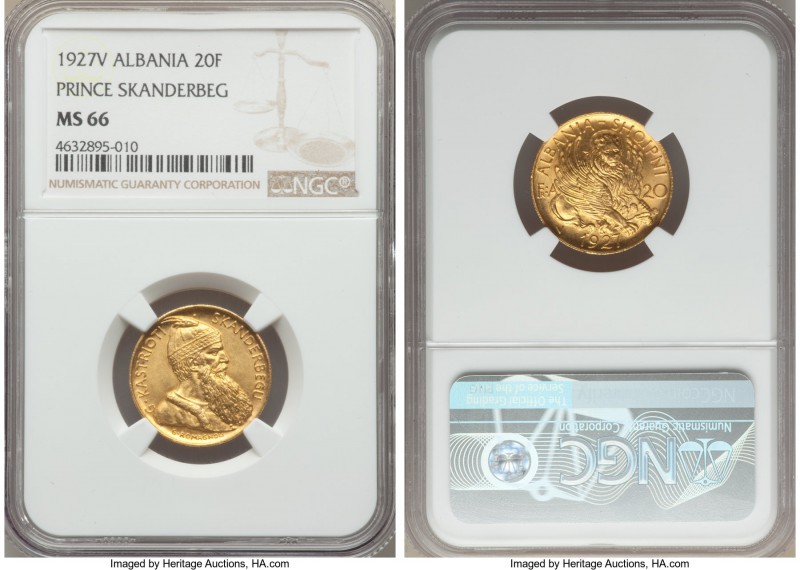 Republic gold "Prince Skanderbeg" 20 Frangi Ari 1927-V MS66 NGC, Vienna mint, KM...