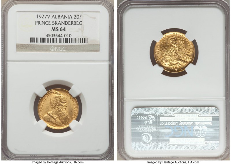 Republic gold "Prince Skanderbeg" 20 Frangi Ari 1927-V MS64 NGC, Vienna mint, KM...