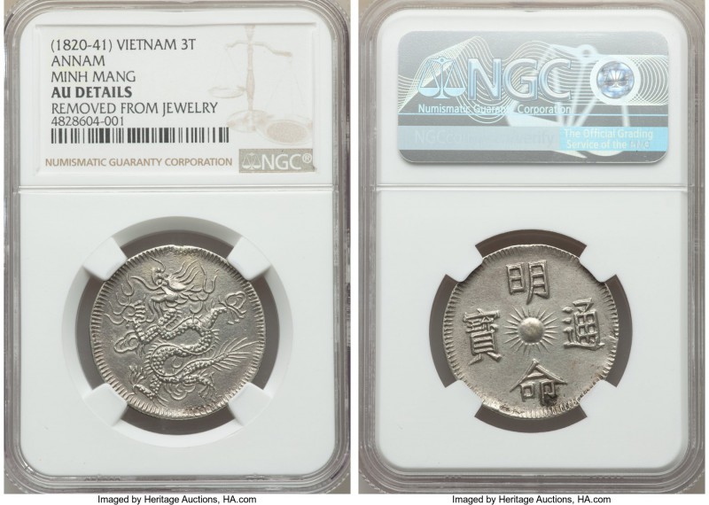 Minh Mang 3 Tien ND (1820-1841) AU Details (Removed From Jewelry) NGC, KM186, Sc...