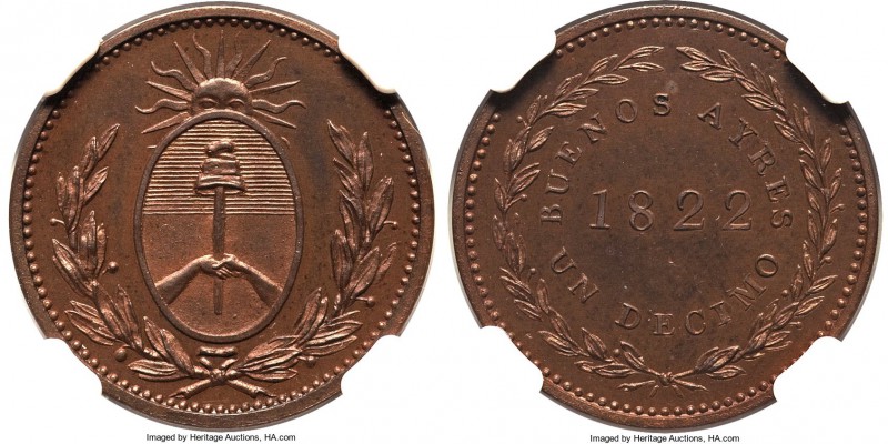 Buenos Aires. Provincial copper Proof Pattern Decimo 1822 PR65 Brown NGC, KM-Pn1...