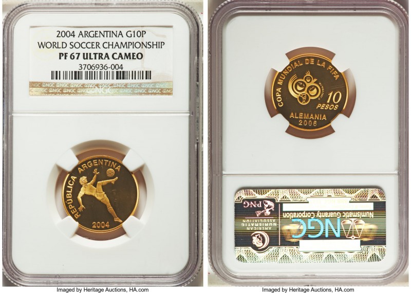 Republic gold Proof "World Soccer Championship" 10 Pesos 2004 PR67 Ultra Cameo N...