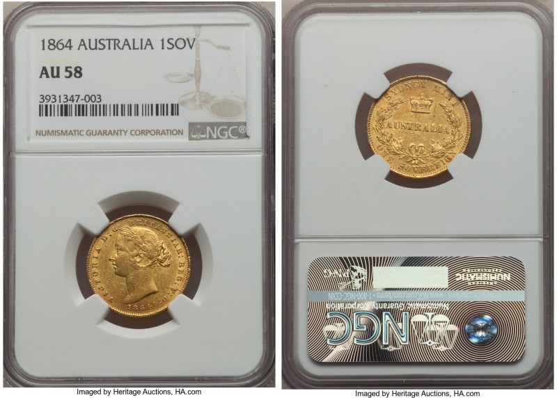 Victoria gold Sovereign 1864-SYDNEY AU58 NGC, Sydney mint, KM4. A typically low ...