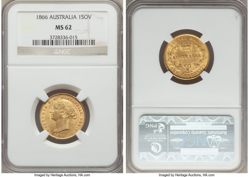 Victoria gold Sovereign 1866-SYDNEY MS62 NGC, Sydney mint, KM4. An early and muc...