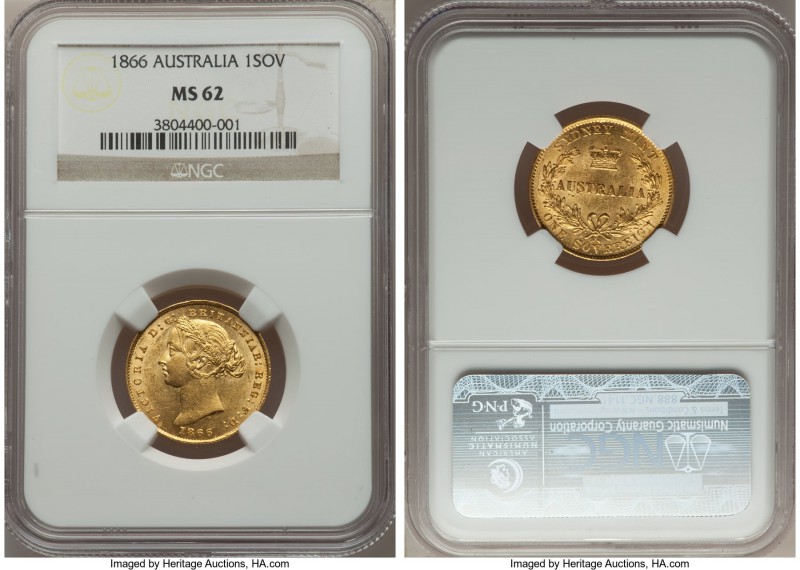Victoria gold Sovereign 1866-SYDNEY MS62 NGC, Sydney mint, KM4. An elusive earli...