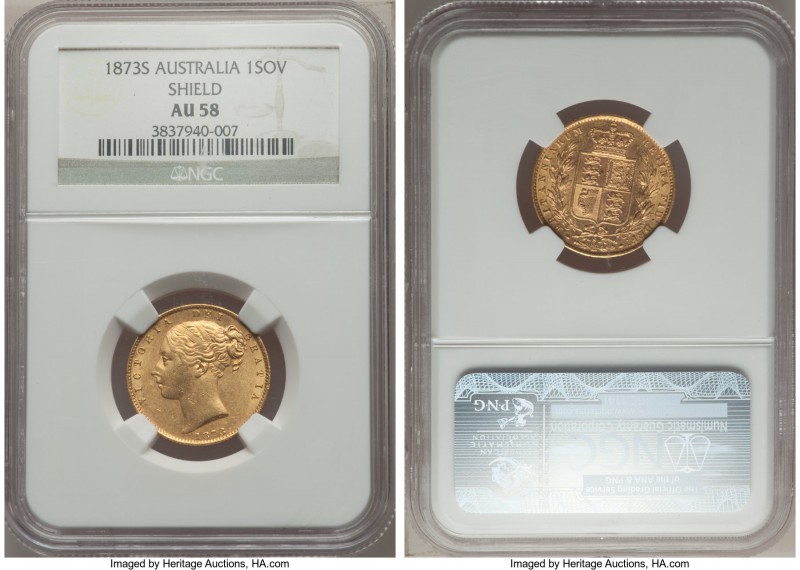 Victoria gold "Shield" Sovereign 1873-S AU58 NGC, Sydney mint, KM6.

HID99912102...