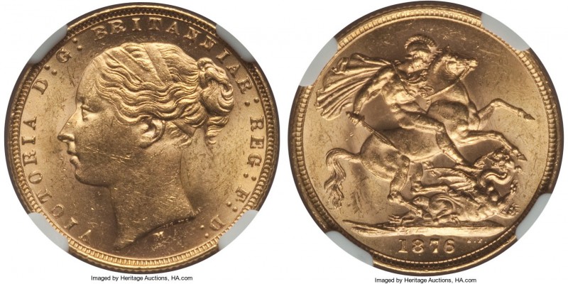 Victoria gold "St. George" Sovereign 1876-M MS63 NGC, Melbourne mint, KM7. With ...
