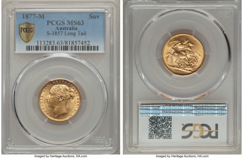 Victoria gold Sovereign 1877-M MS63 PCGS, KM7, S-3857. Long tail horse variety.
...