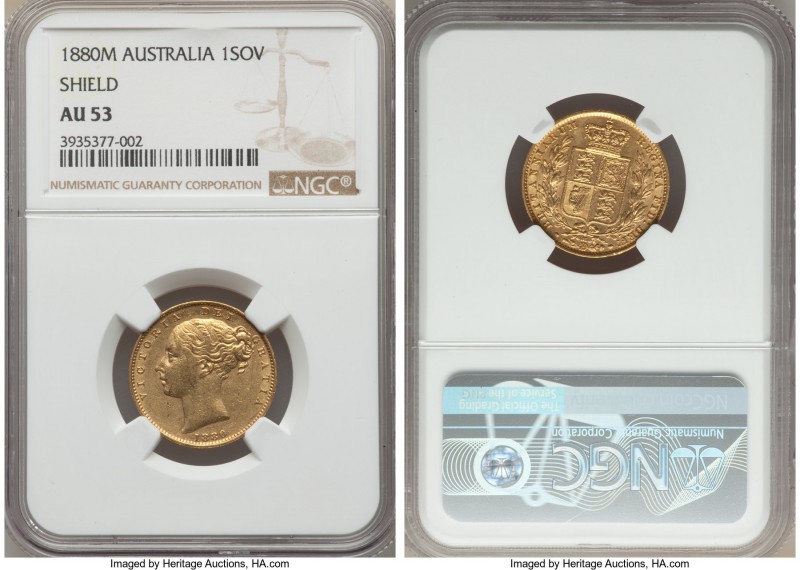 Victoria gold "Shield" Sovereign 1880-M AU53 NGC, Melbourne mint, KM6. A notable...