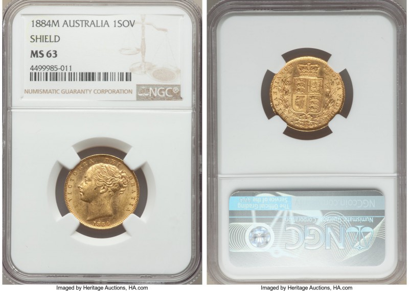 Victoria gold "Shield" Sovereign 1884-M MS63 NGC, Melbourne mint, KM6. Especiall...