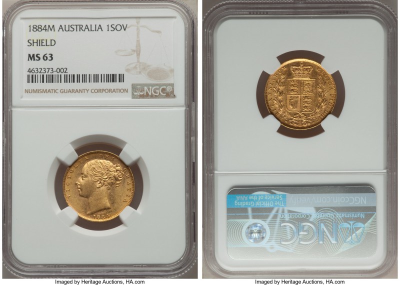 Victoria gold "Shield" Sovereign 1884-M MS63 NGC, Melbourne mint, KM6.

HID99912...
