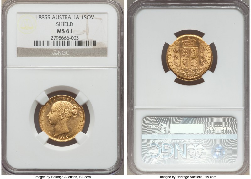 Victoria gold "Shield" Sovereign 1885-S MS61 NGC, Sydney mint, KM6.

HID99912102...