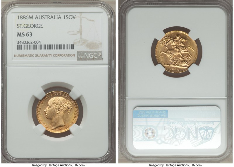 Victoria gold "St. George" Sovereign 1886-M MS63 NGC, Melbourne mint, KM7.

HID9...
