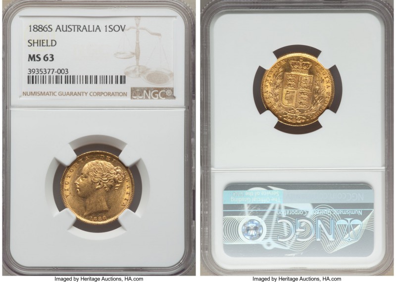 Victoria gold "Shield" Sovereign 1886-S MS63 NGC, Sydney mint, KM6.

HID99912102...