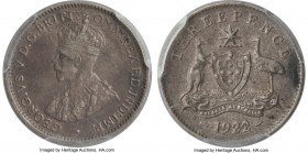George V 3 Pence 1922/1-(m) XF Details (Cleaning) PCGS, Melbourne mint, KM24. Mintage: 900. The only certified example of this great rarity from Georg...