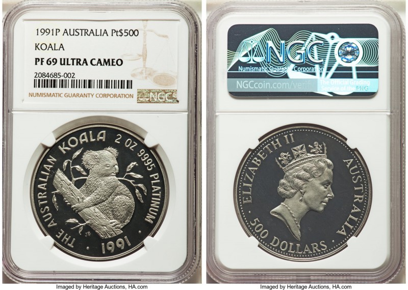 Elizabeth II platinum Proof "Koala" 500 Dollars 1991-P PR69 Ultra Cameo NGC, Per...