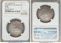 Salzburg. Maximilian Gandolph Counterstamped 2 Mark 1681 VF30 NGC, KM-Unl. (with this host), cf. KM243 (for host). Displaying oval 1681-dated Arms of ...