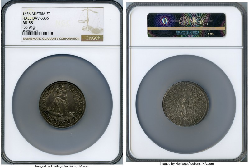 Leopold 2 Taler 1625 AU58 NGC, Hall mint, KM609.2, Dav-3336. Argent toned, with ...